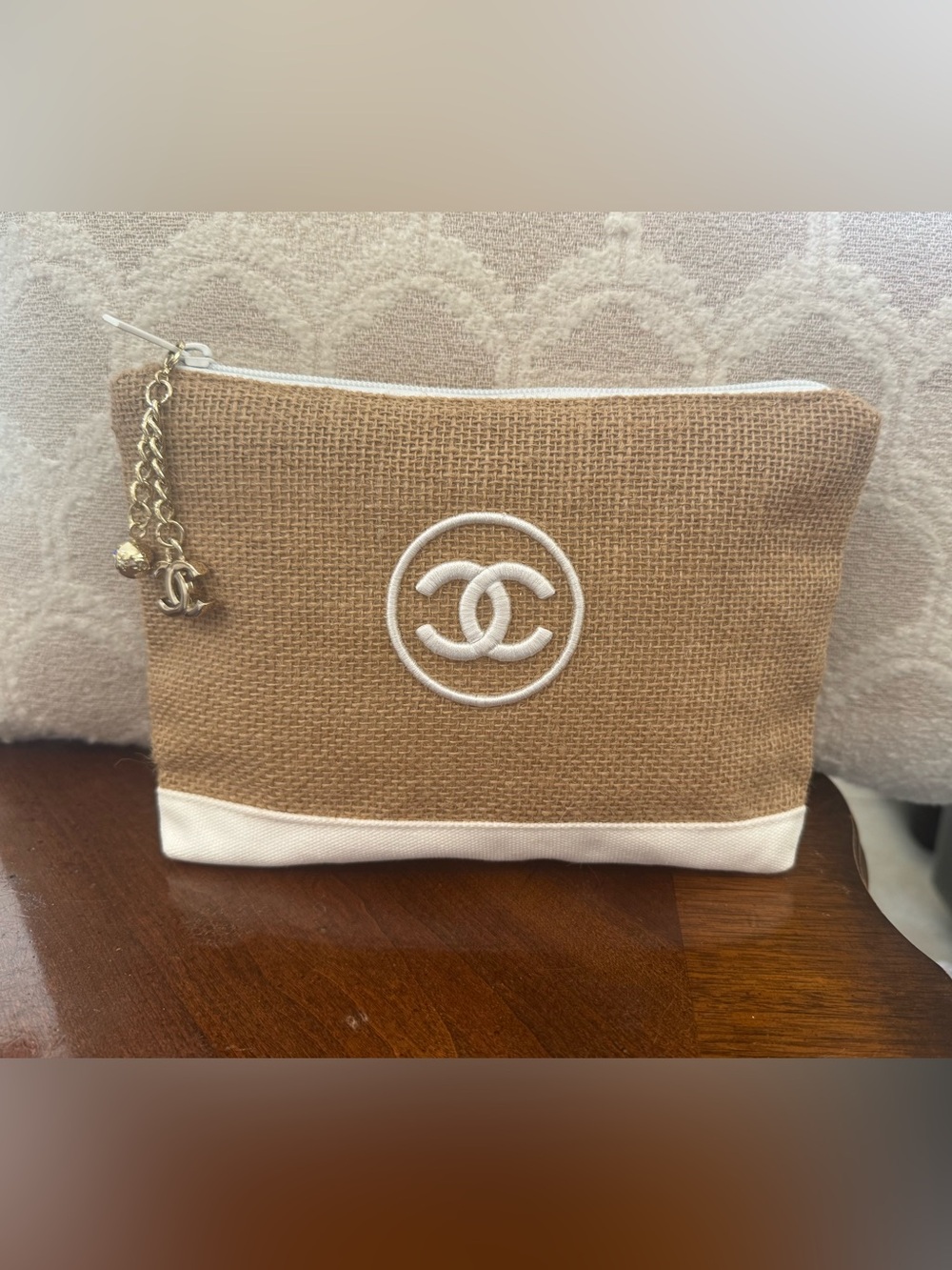 CHANEL Beige and White Canvas Cosmetic Pouch with CC Logo and detachable CC